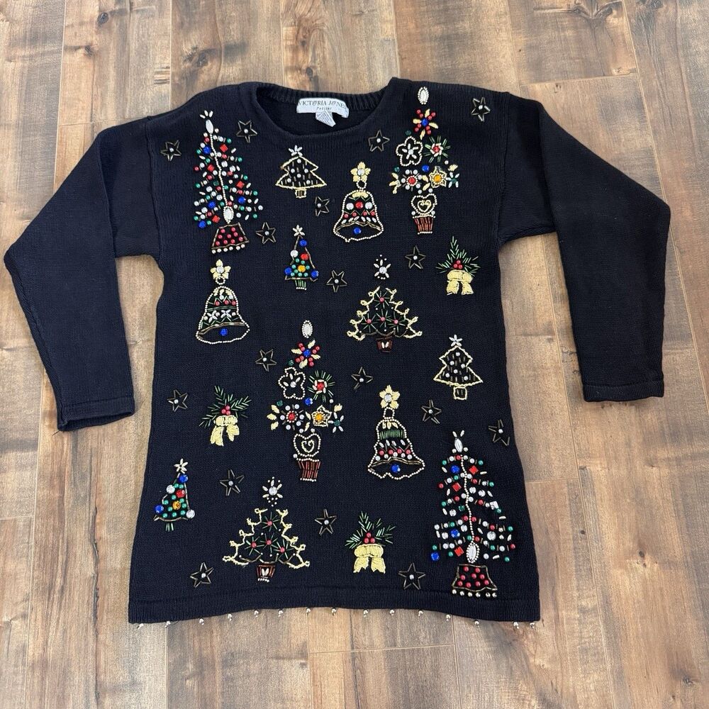 Vintage Victoria Jones Womens Beaded Christmas Sweater Ugly Black Petite Medium